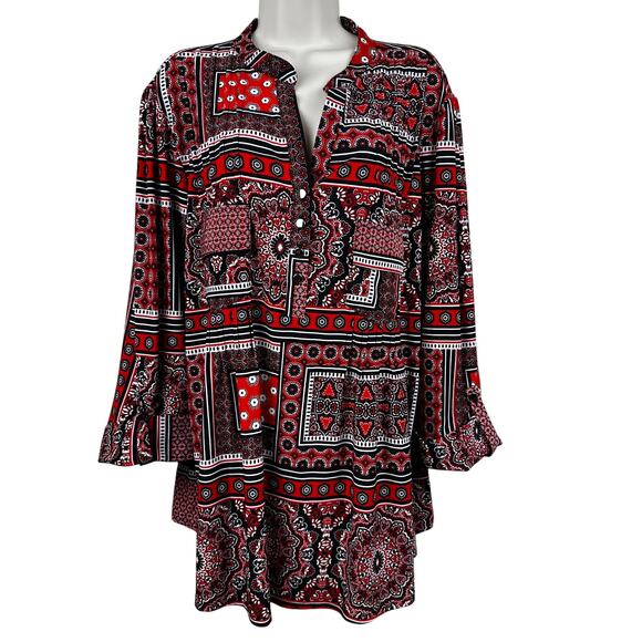 Cocomo Blouse Top Liquid Knit Patchwork Pattern Roll Tab Sleeve Relaxed Red 3X - Picture 1 of 11